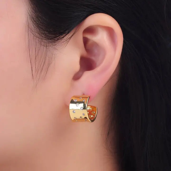 24K Gold Filled Clear Cz Dotted Wide C-Shaped Hoop Earrings