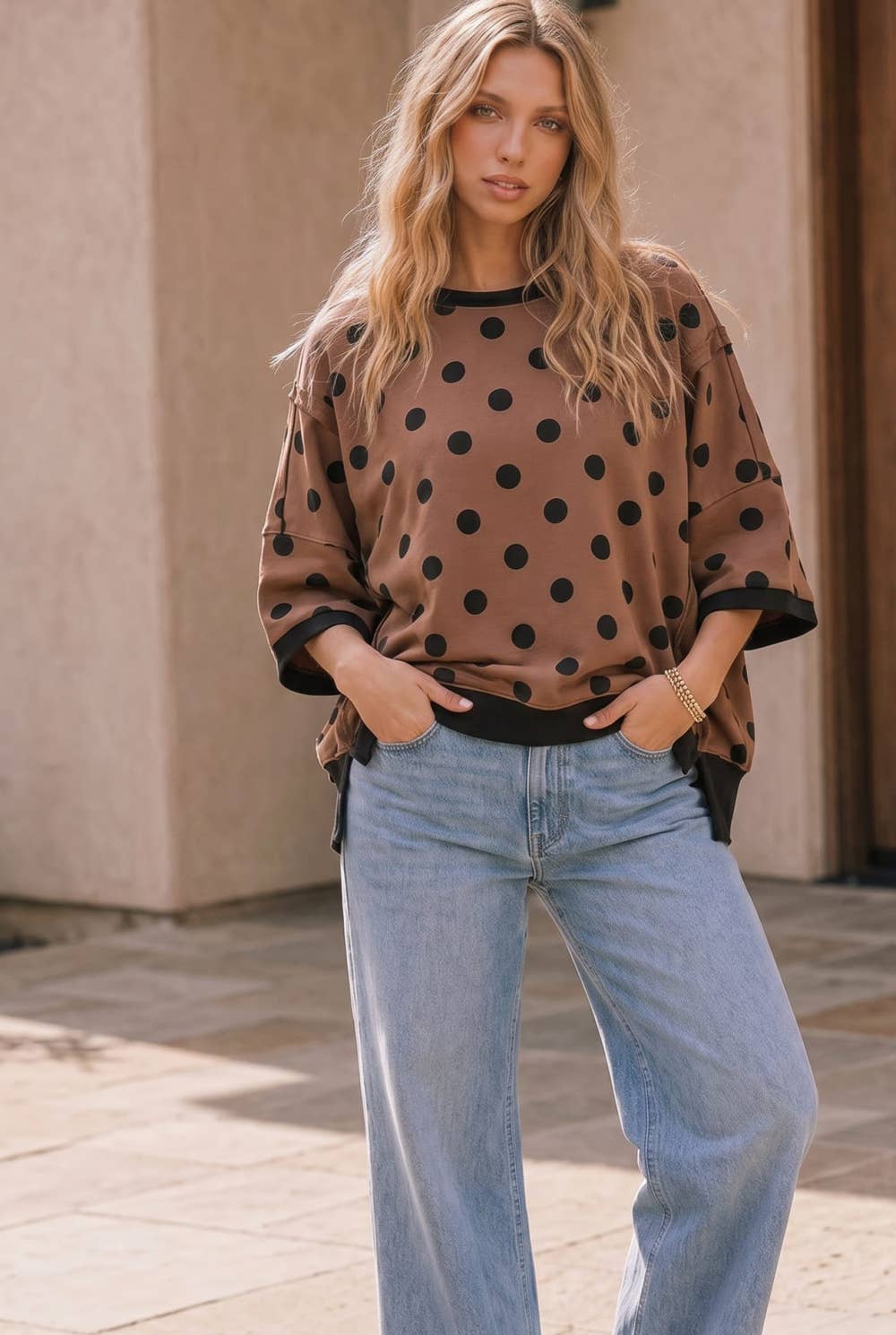 Mocha Polka Dot Oversized Contrast Top