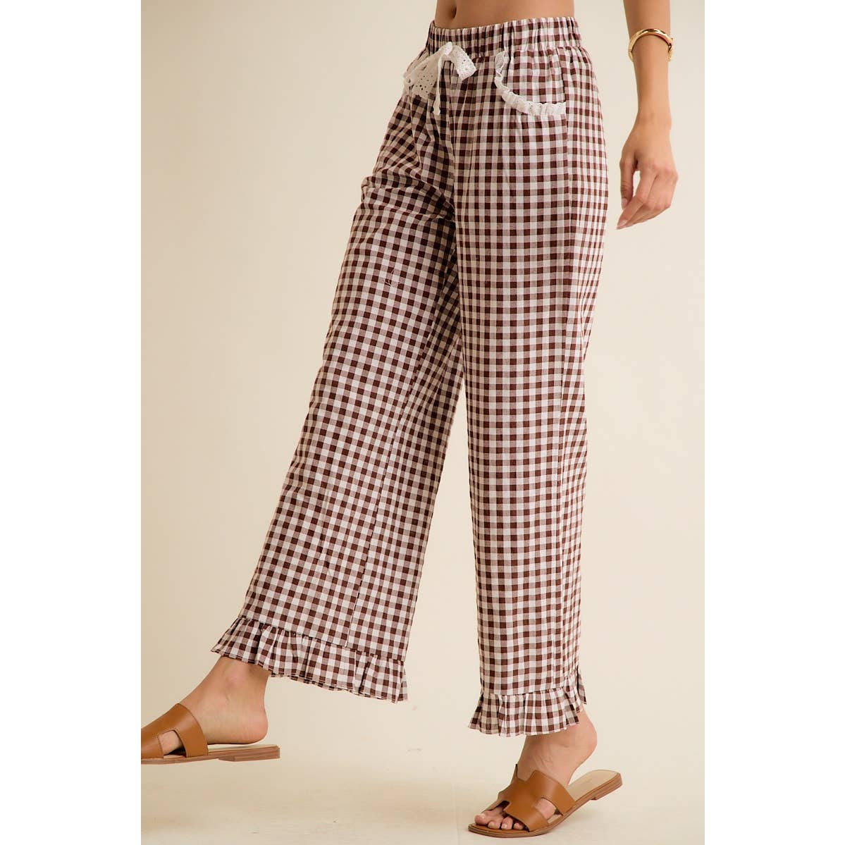 GINGHAM LACE RUFFLED PANTS