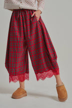 CHRISTMAS PLAID LEG PANTS WITH DELICATE LACE