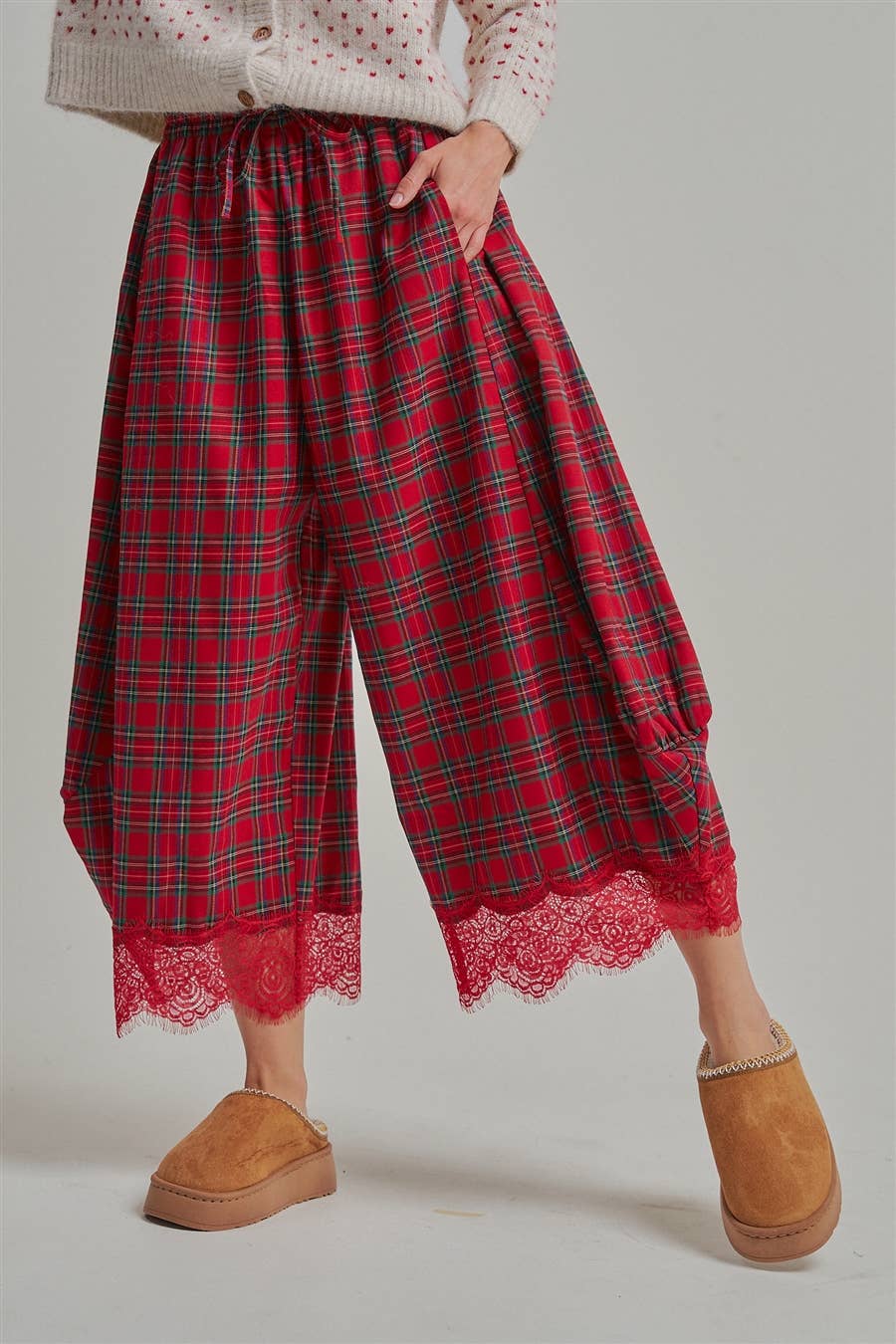 CHRISTMAS PLAID LEG PANTS WITH DELICATE LACE