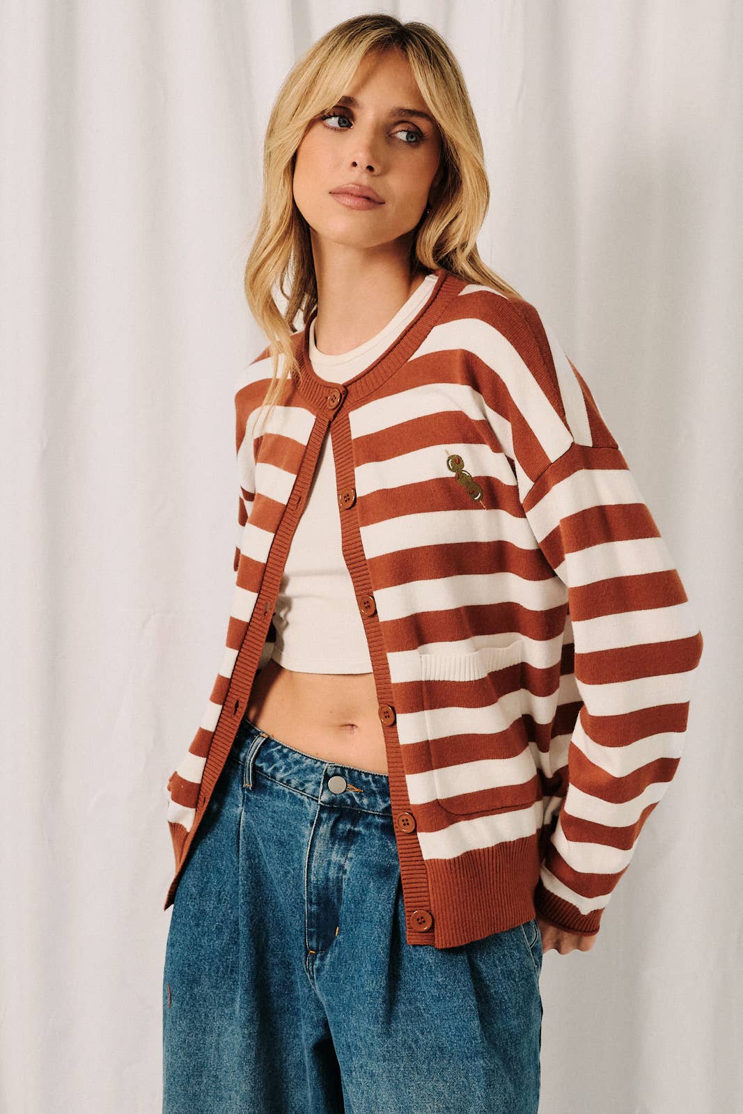 OLIVE EMBROIDERY STRIPE CARDIGAN