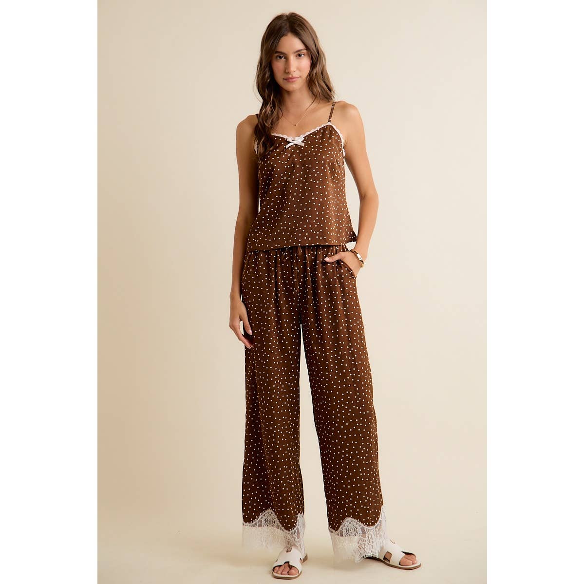 SATIN POLKA DOT WIDE LEG PANTS WITH LACE