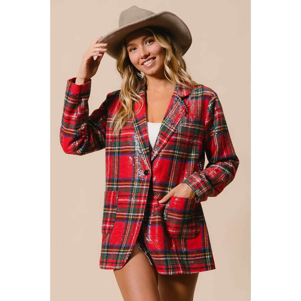 CHRISTMAS BRUSHED PLAID SEQUIN PATCH JACKET