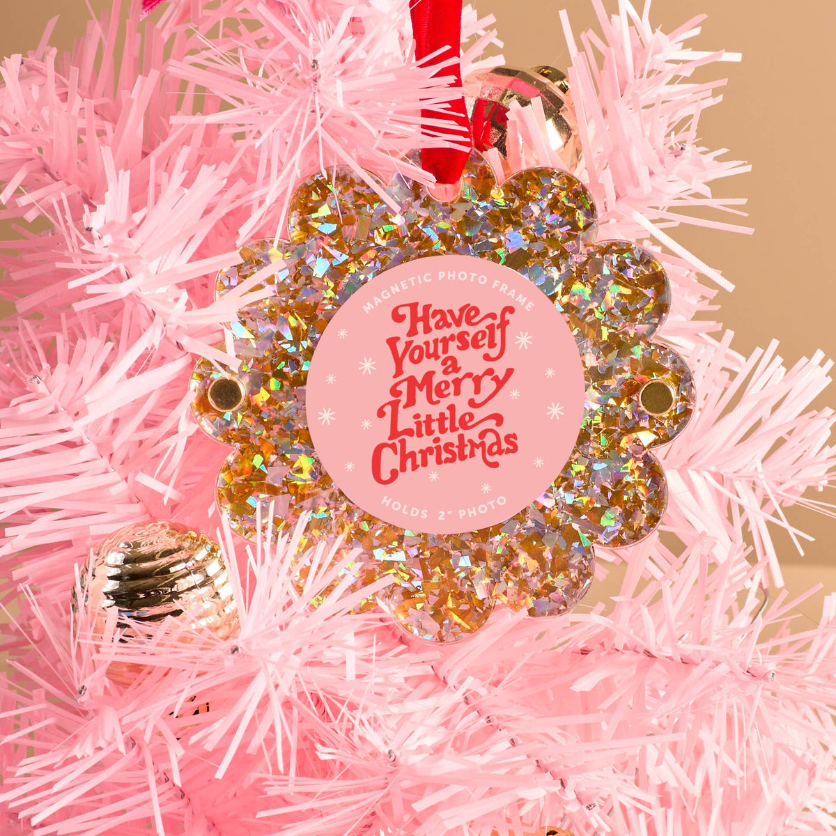 Scalloped Round Picture Frame Ornament-Gold Glitter