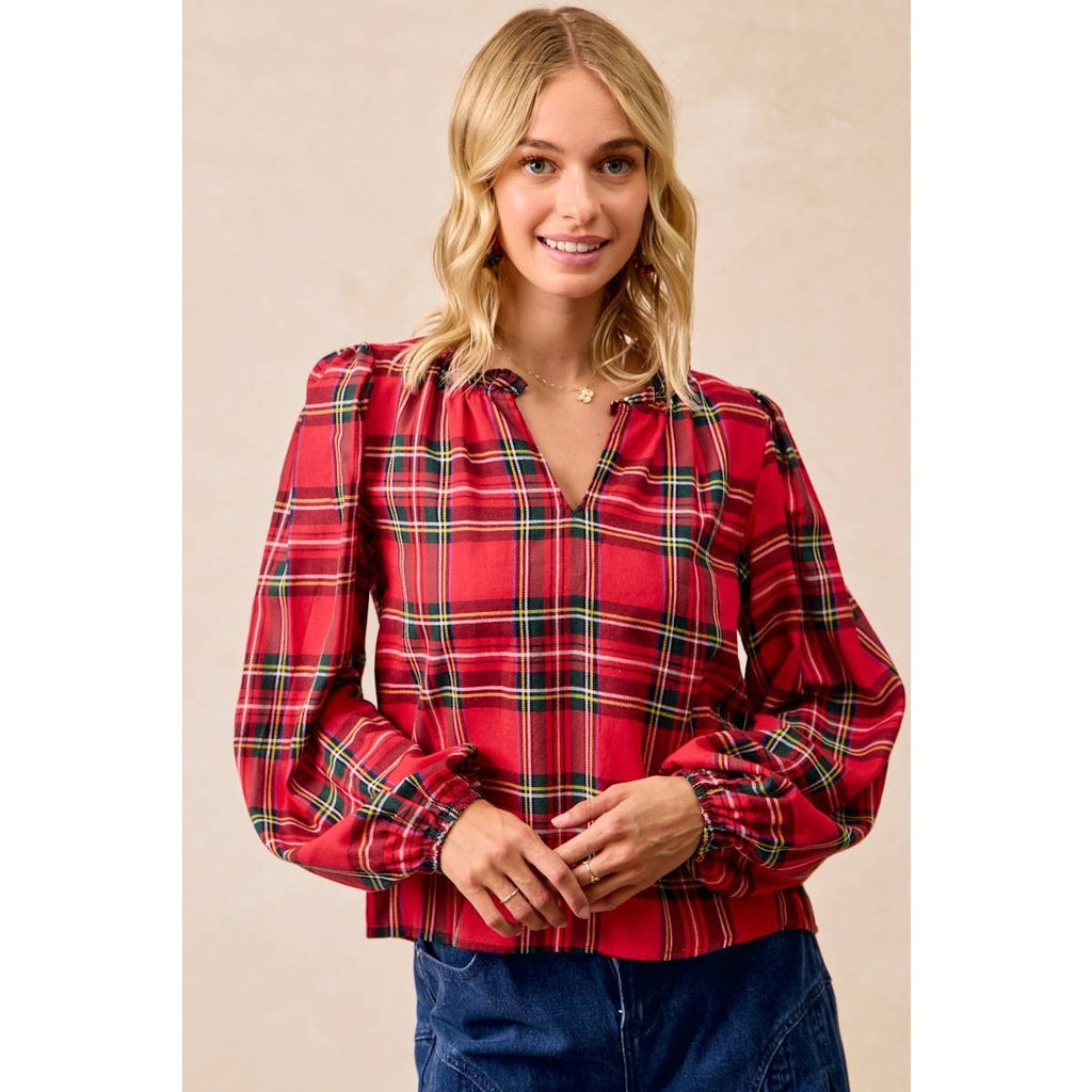 CHRISTMAS PLAID BALLOON SLEEVES RUFFLED V-NECK TOP