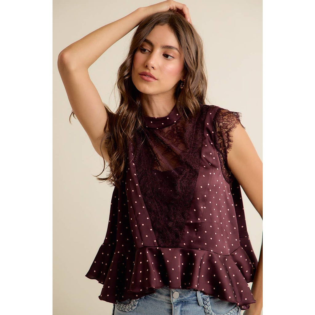 POLKA DOT SATIN LACE TRIM RUFFLED HIGH NECK BLOUSE TOP