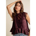 POLKA DOT SATIN LACE TRIM RUFFLED HIGH NECK BLOUSE TOP