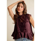 POLKA DOT SATIN LACE TRIM RUFFLED HIGH NECK BLOUSE TOP