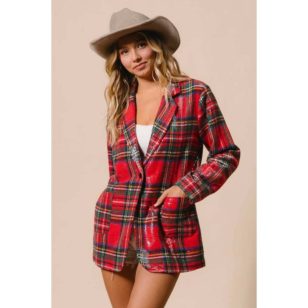 CHRISTMAS BRUSHED PLAID SEQUIN PATCH JACKET
