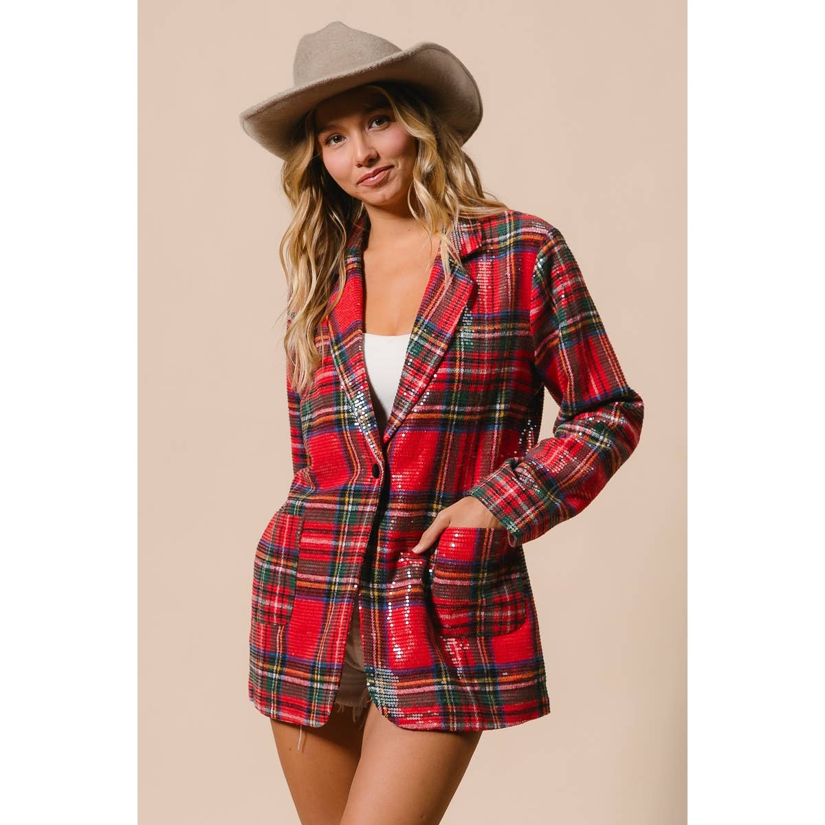 CHRISTMAS BRUSHED PLAID SEQUIN PATCH JACKET