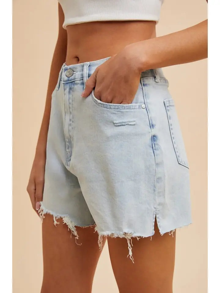 Stretch Distressed Hem Denim Shorts: Light Wash