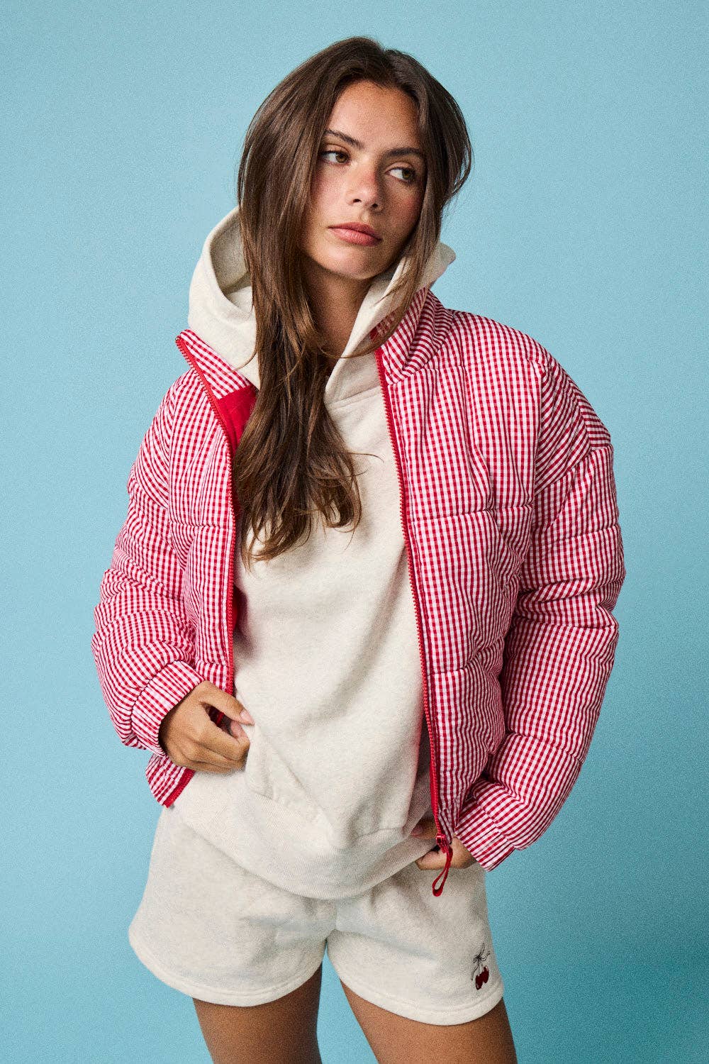 RED GINGHAM ZIP-UP PUFFER JACKET