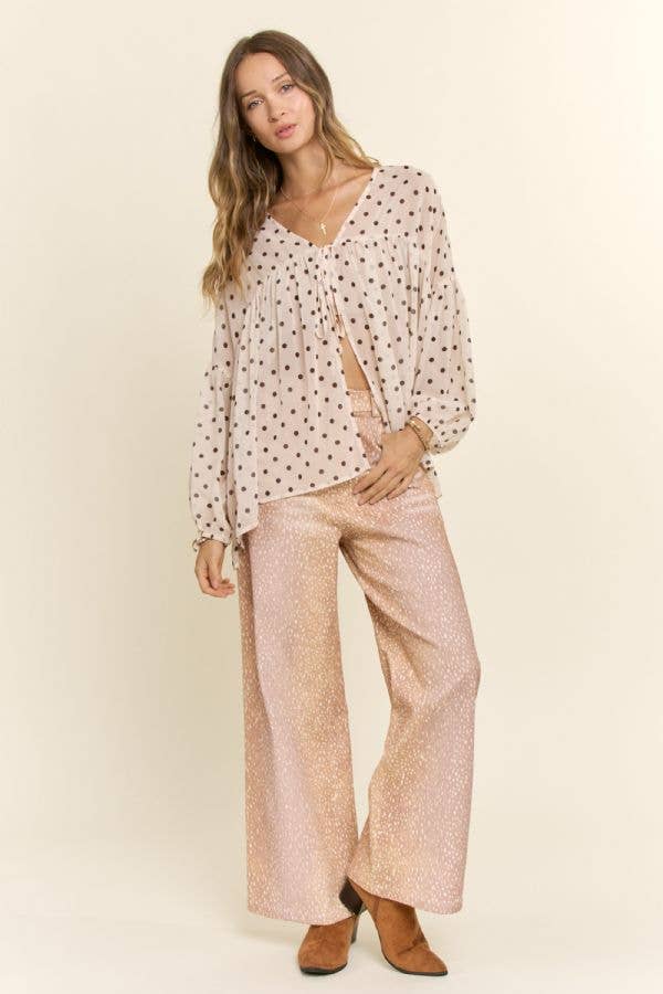 Sheer Polka Dot Tie Front Babydoll Blouse