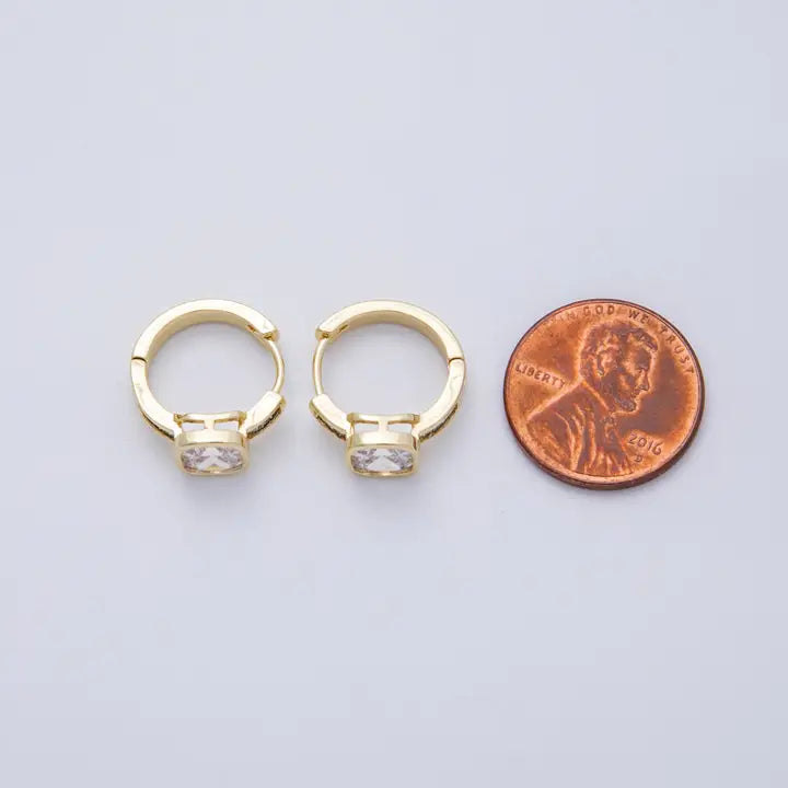 14K Gold Filled 15mm Clear Cz Square Solitaire Baguette Paved Hoop Earrings