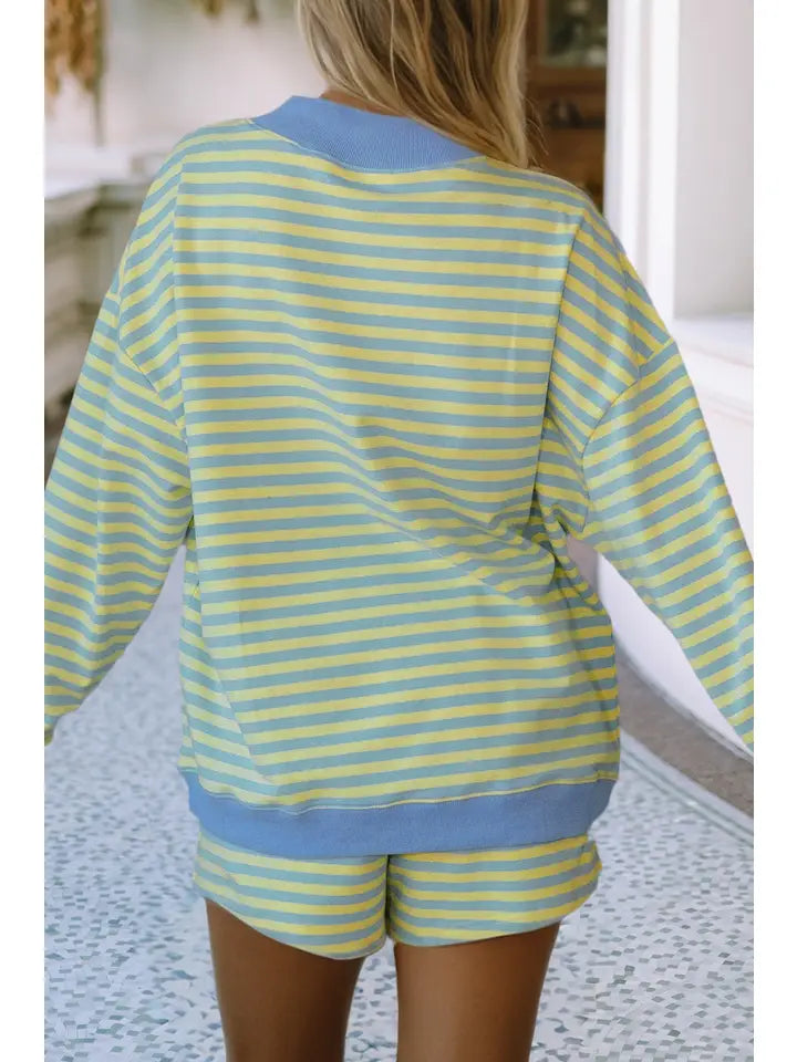 Stripe Colorblock Pullover Elastic Waist Shorts 2pcs Set: Blue and Yellow