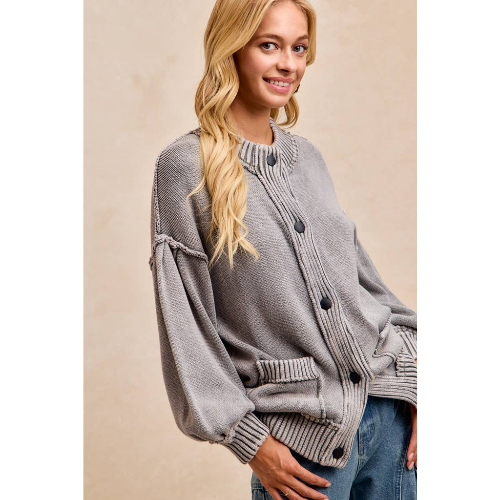 WASHED RIB BANDED COTTON SWEATER KNT CARDIGAN TOP