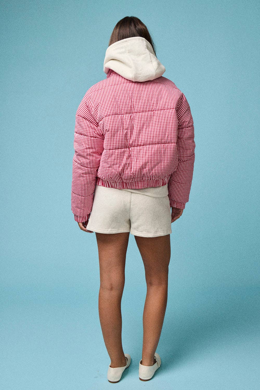 RED GINGHAM ZIP-UP PUFFER JACKET