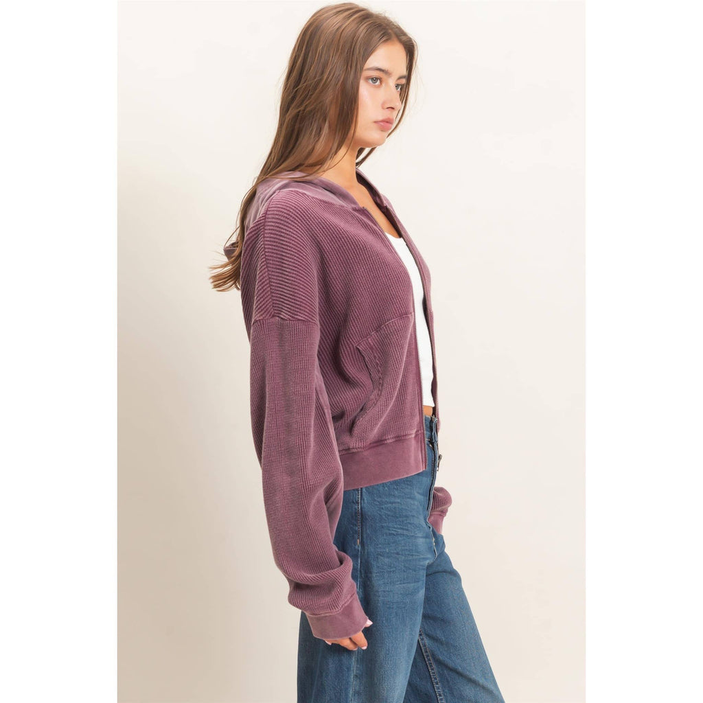 Acid Wash Waffle Knit Zip-Up Hoodie