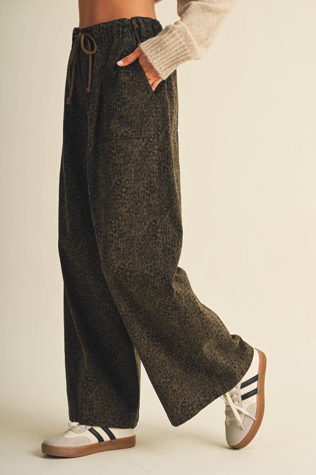 Drawstring Leopard Print Wide-Leg Trousers