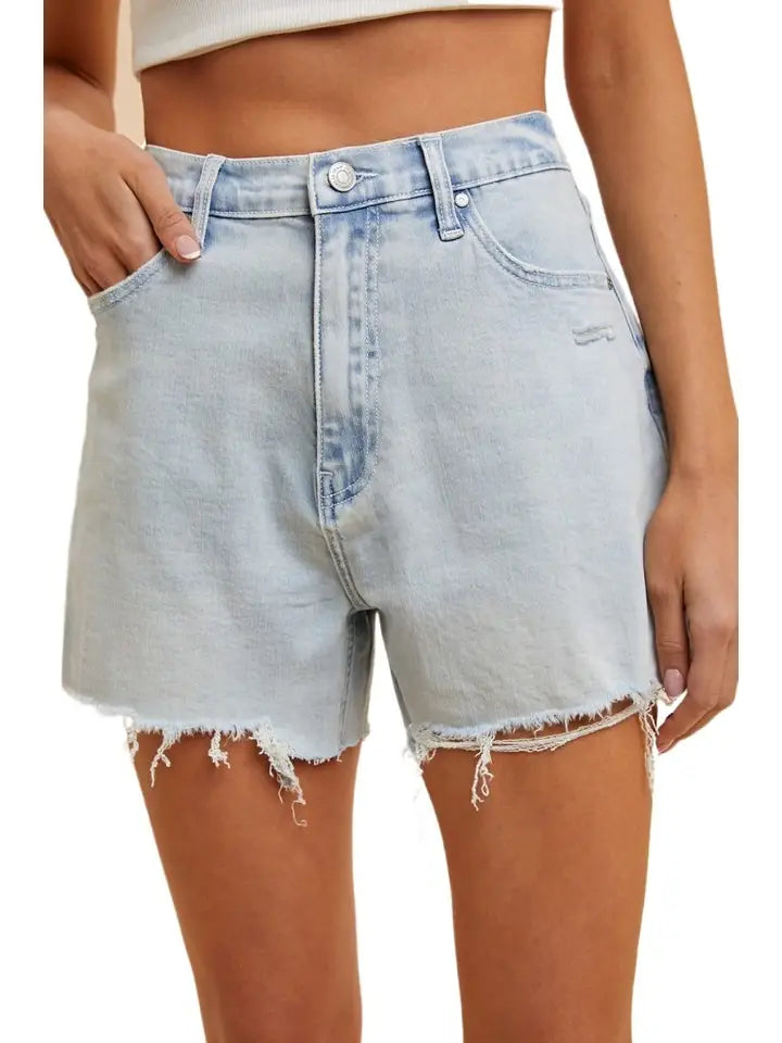 Stretch Distressed Hem Denim Shorts: Light Wash