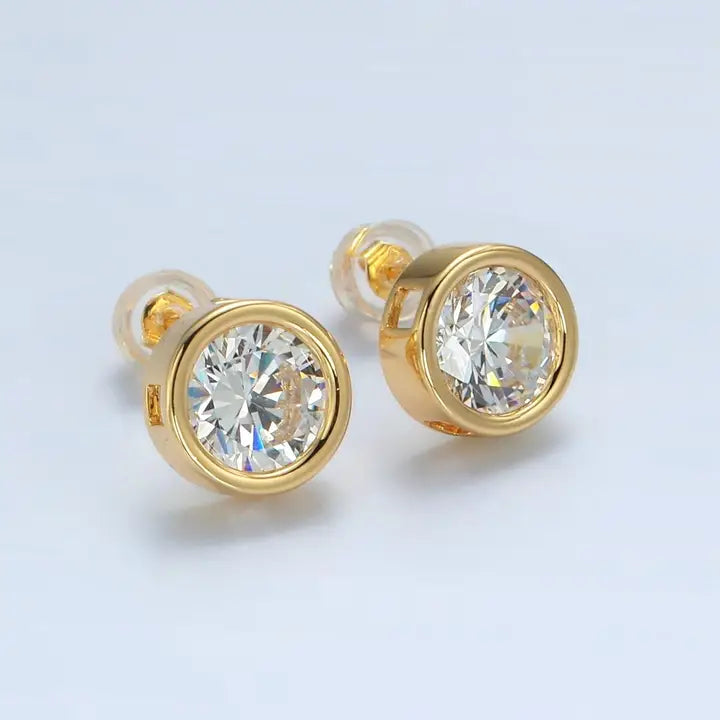 24K Gold Filled 10mm Clear Cz Round Bezel Stud Earrings