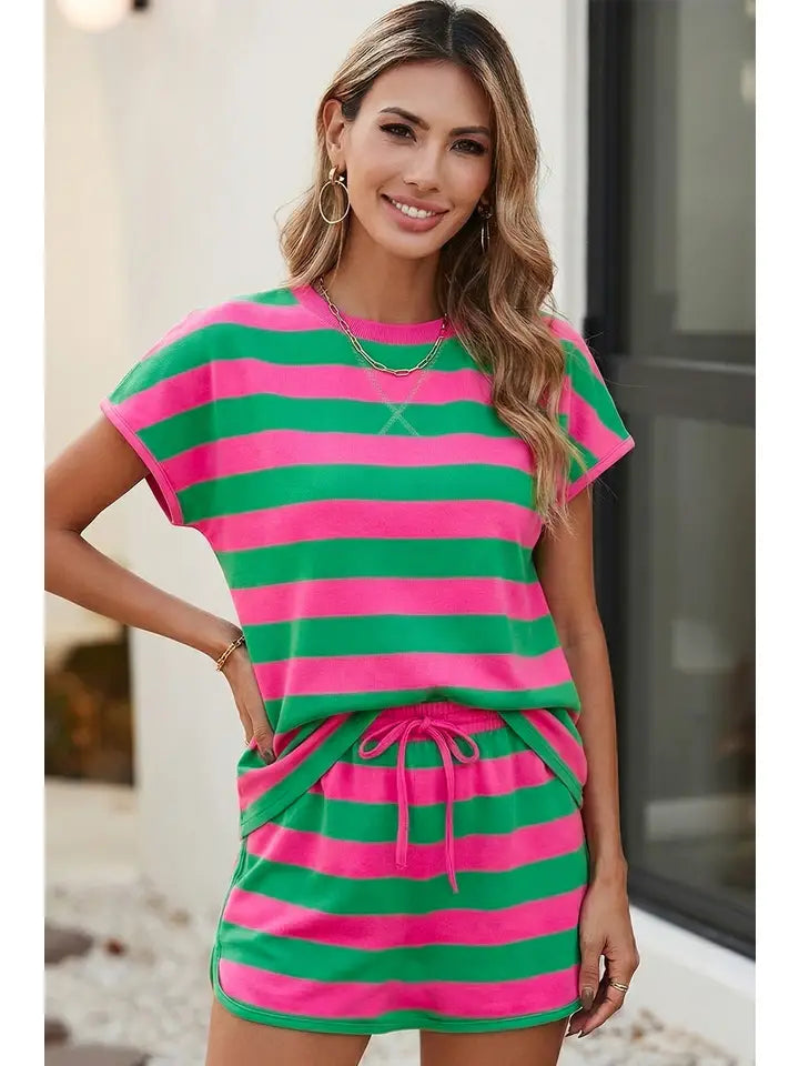 Stripe Dolman Tee Drawstring Skort Athletic 2pcs Set: Pink and Green