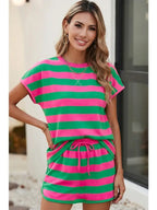 Stripe Dolman Tee Drawstring Skort Athletic 2pcs Set: Pink and Green