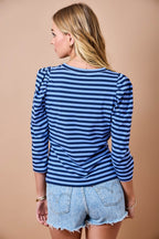 Striped Slim Fit Puff Shouler 3/4 Sleeve Top