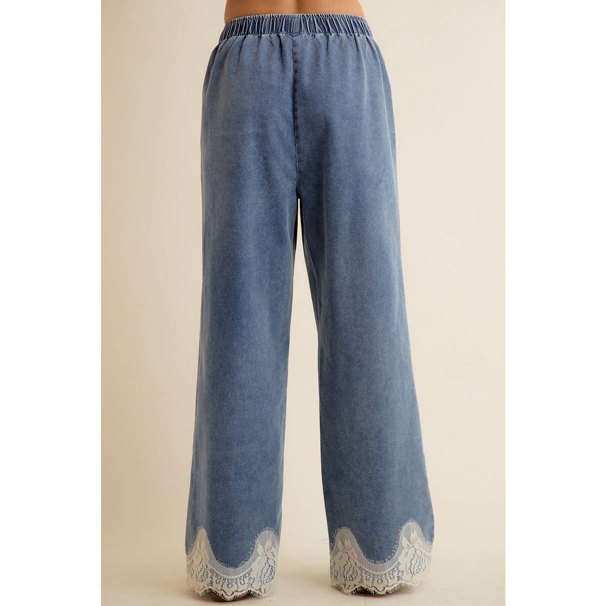 LACE TRIM WIDE LEG ELASTIC MID RISE DENIM PANTS