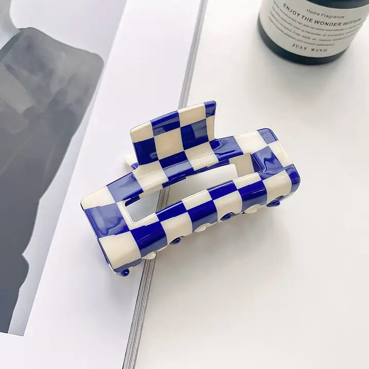 Checkered Hair Claw Clip- Navy
