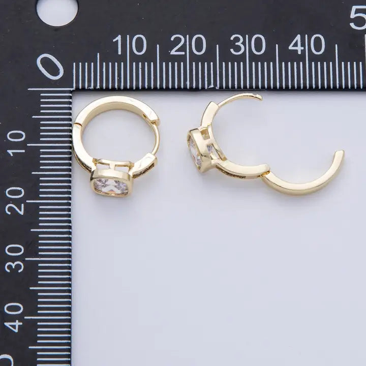 14K Gold Filled 15mm Clear Cz Square Solitaire Baguette Paved Hoop Earrings