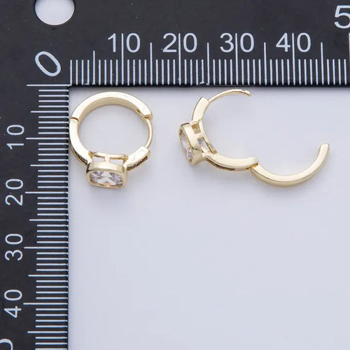 14K Gold Filled 15mm Clear Cz Square Solitaire Baguette Paved Hoop Earrings
