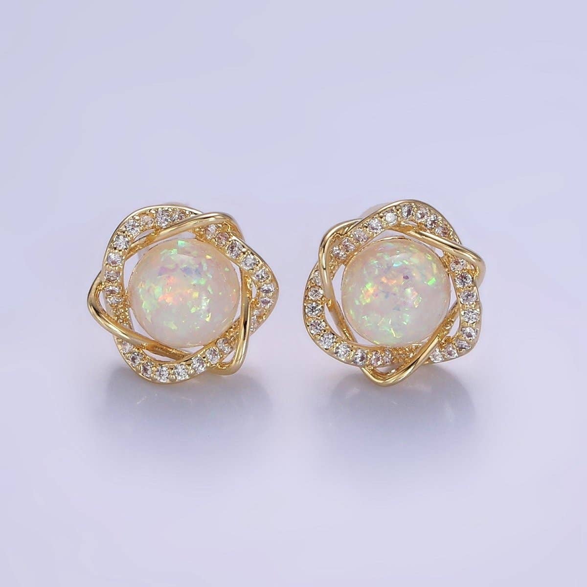 White Opal Curved Round Stud Earrings