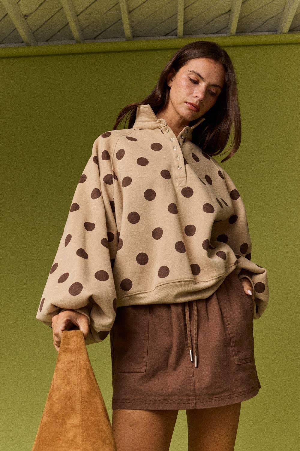 Collar Half-Snap Button  Polka Dot Sweatshirt