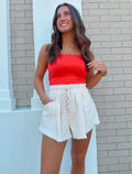 Frayed Hem Paperbag Waist Rope Shorts: Off white