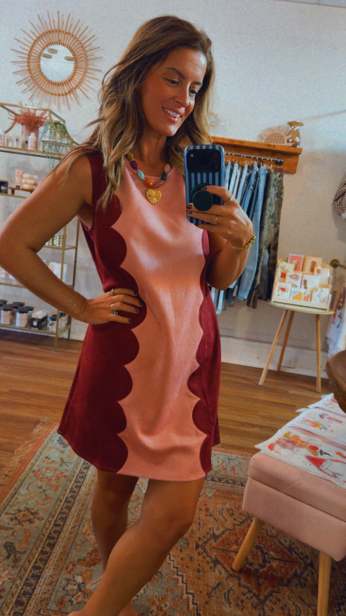Suede Colorblock Sleeveless Dress W/ Scallloped Panels