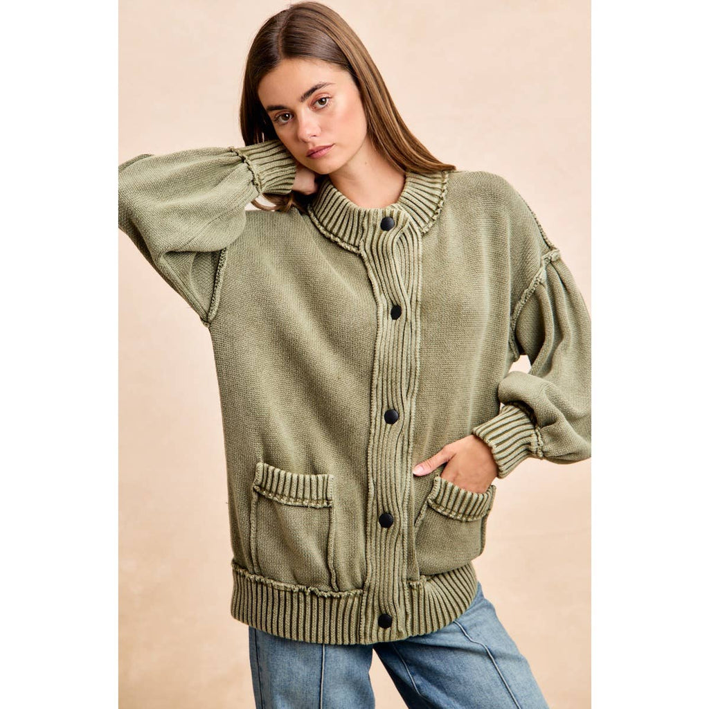 WASHED RIB BANDED COTTON SWEATER KNT CARDIGAN TOP