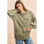 WASHED RIB BANDED COTTON SWEATER KNT CARDIGAN TOP