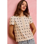 POLK-A-DOT KNIT LACE TRIM ON NECKLINE SHORT TOP