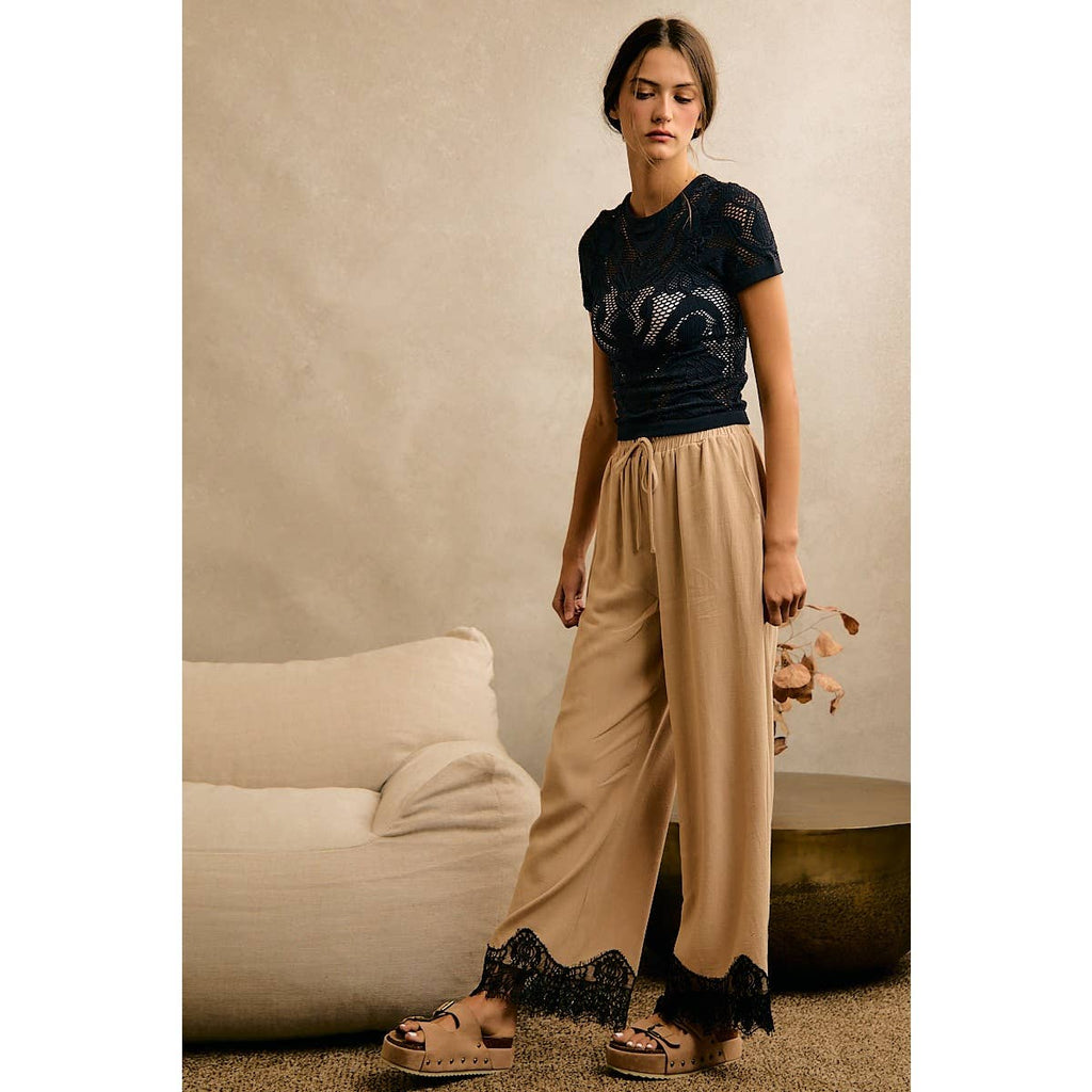 LINEN BLEND LACE TRIM BANDING WAIST PANTS