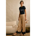 LINEN BLEND LACE TRIM BANDING WAIST PANTS