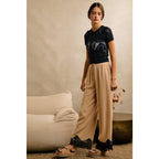 LINEN BLEND LACE TRIM BANDING WAIST PANTS