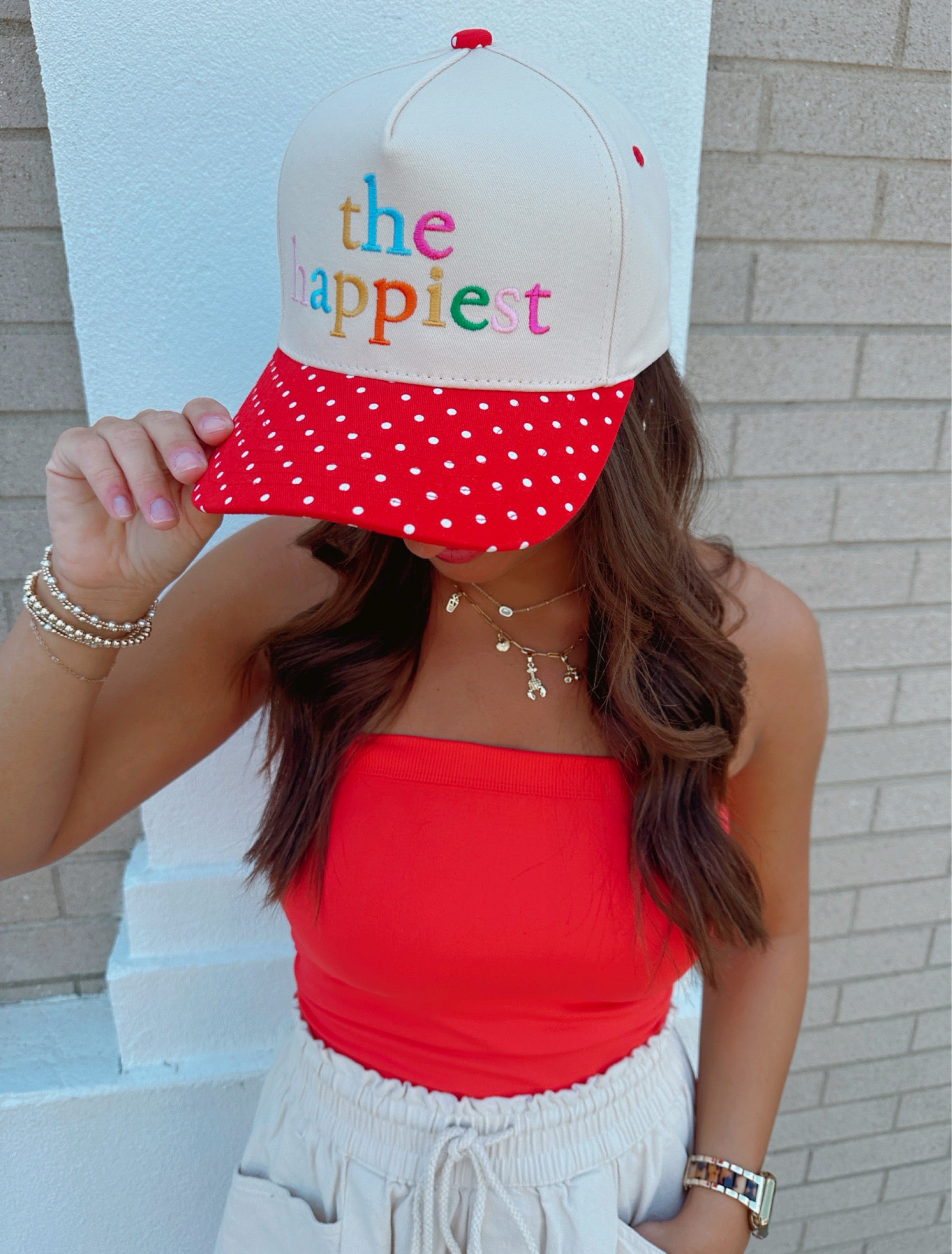 The Happiest Embroidered Small Polka Dot Brim Trucker Hat