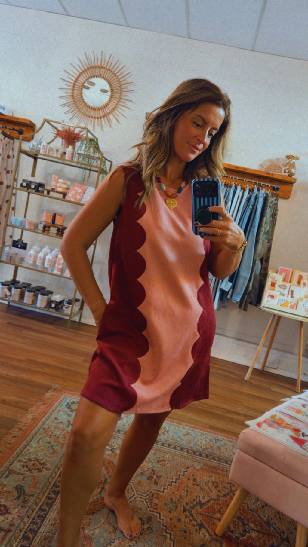 Suede Colorblock Sleeveless Dress W/ Scallloped Panels