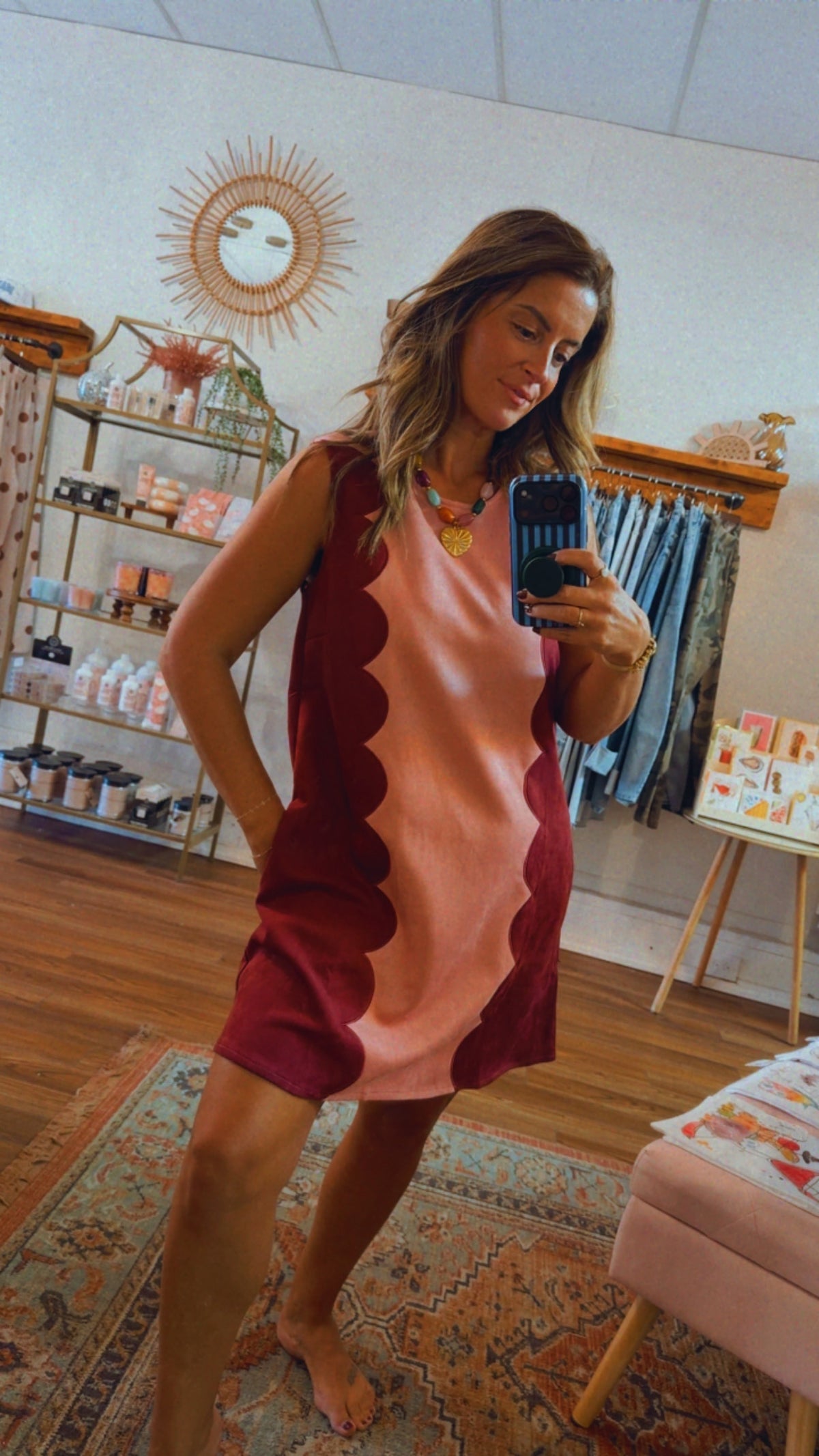 Suede Colorblock Sleeveless Dress W/ Scallloped Panels