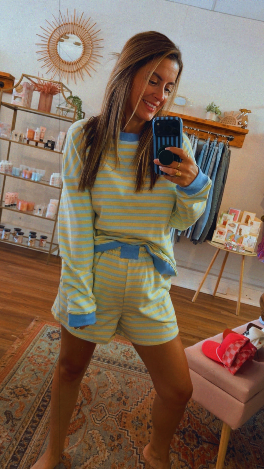 Stripe Colorblock Pullover Elastic Waist Shorts 2pcs Set: Blue and Yellow