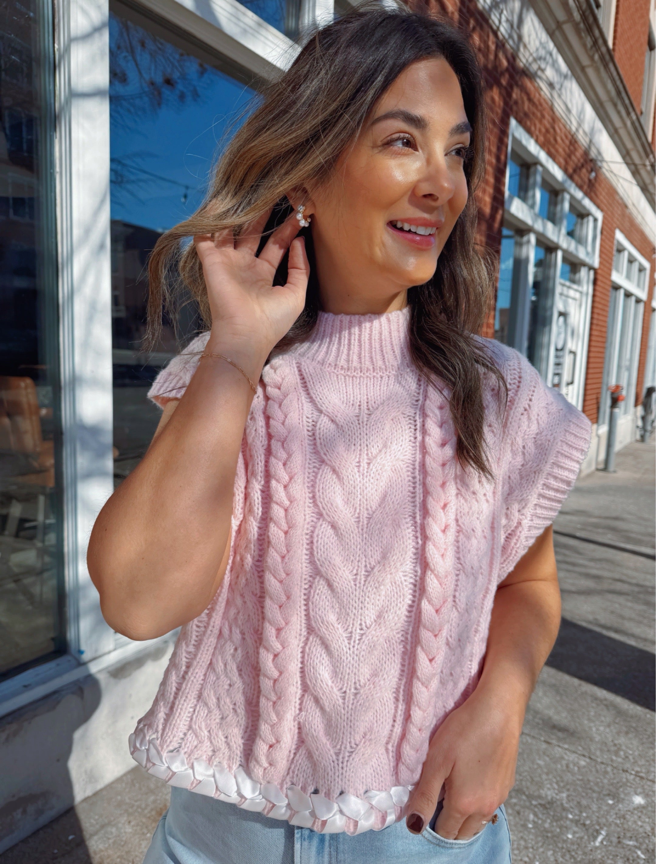 CABLE KNIT PINK RIBBON SWEATER