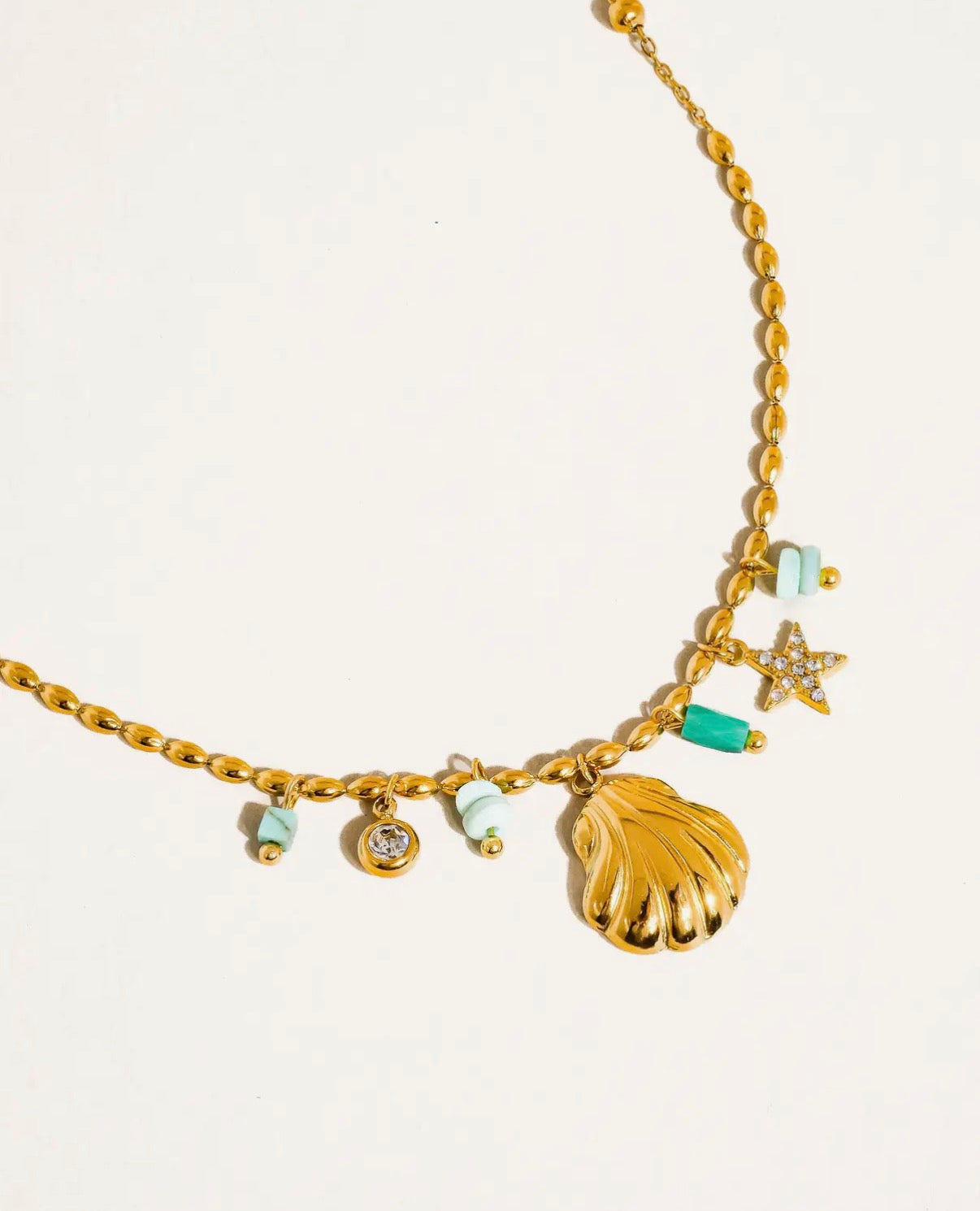 Summer Non-Tarnish Gold Shell and Star Necklace- Green