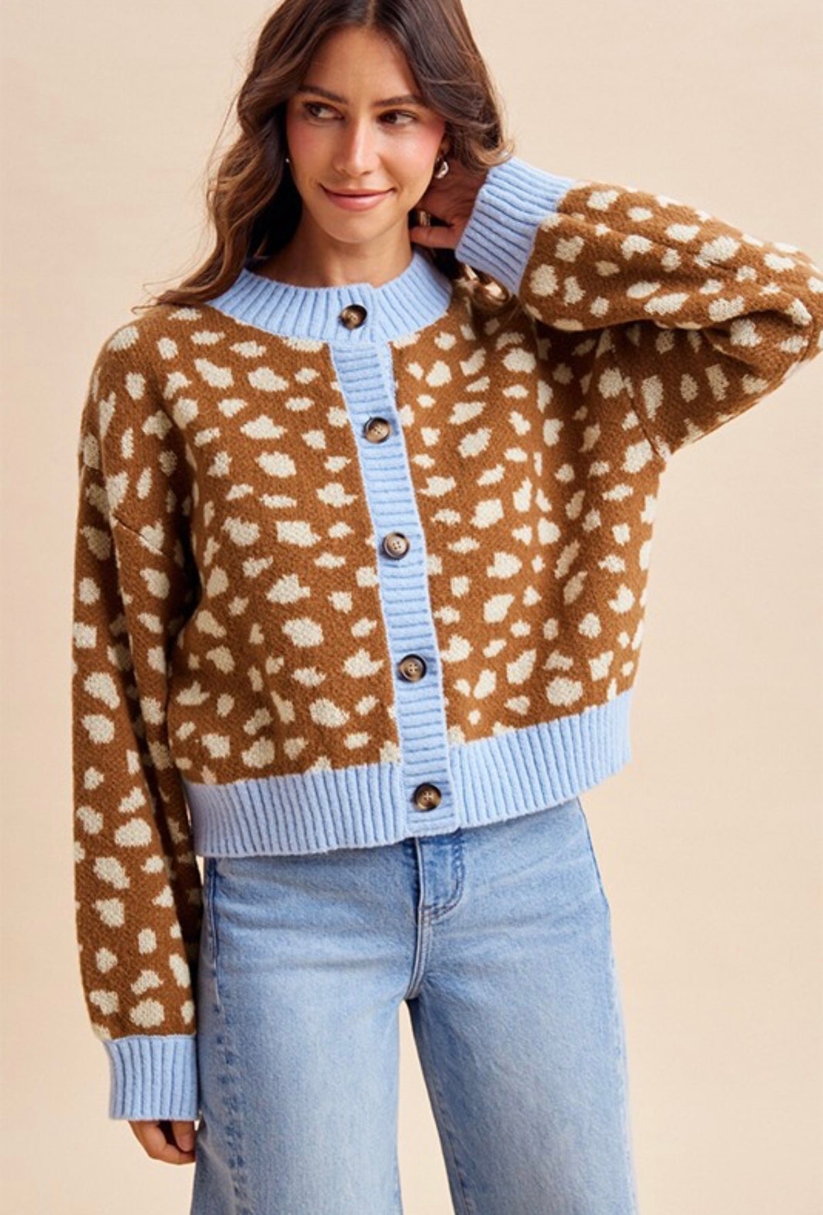 Blue Contrast Deer Print Cardigan